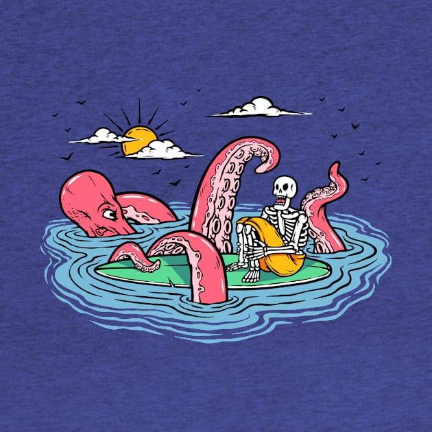 Vintage Cartoon Octopus Attacking a Skeleton Surfer // Lost at Sea by SLAG_Creative
